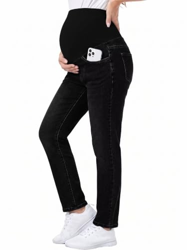 Yoklass Over The Belly Maternity Jeans Long Pants with Pockets - color: A01: Black, size: Small