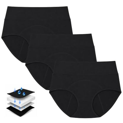 Period Underwear for Women, Leak Proof Menstrual Panties Multi-pack, High Waisted Cotton Full Coverage Briefs - color: Black 3-pack, size: XX-Large