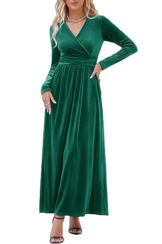 OUGES Women's Warp Pockets Maxi Fall Winter Cocktail Formal Dress 2026 - color: G-velvet Green, size: Small