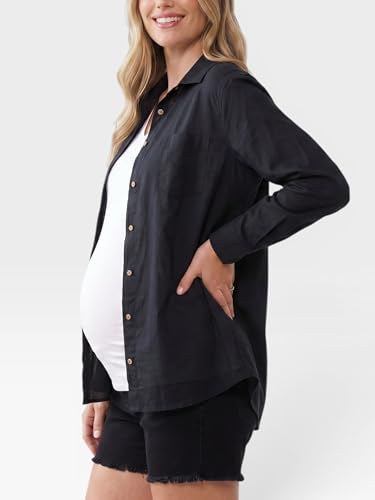 Motherhood Maternity Women's Button Down Poplin Long Sleeve Pregnancy Shirt - color: Black, size: Small
