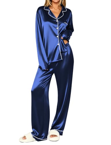 Ekouaer Womens Pajamas Silk Satin Long Sleeve Button Down Pjs Lounge Set - color: Navy, size: Small