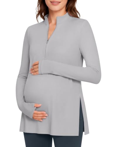 G4Free Lightbreeze Maternity Shirts Long Sleeve Half Zip Mock Neck Yoga - color: Silver Gray, size: Medium