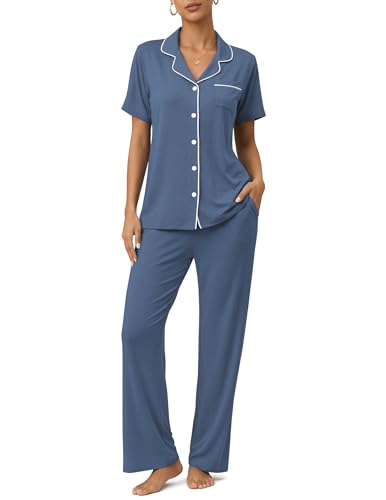 Womens Pajamas Sets 2 Piece Button Up Pj Sets Short Sleeve with Long Pant - color: Denim Blue, size: Medium