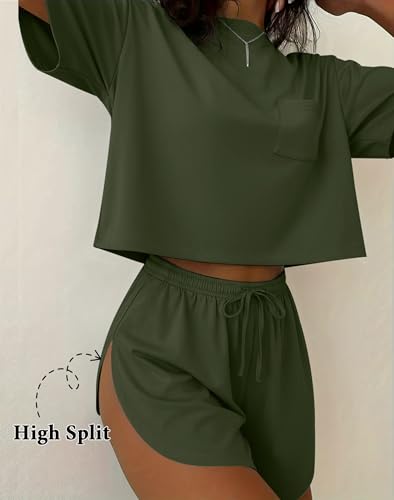 Ekouaer Womens Pajama Sets Sexy Lounge Sets Side Split Short Pj Sets - color: Army Green, size: X-Small
