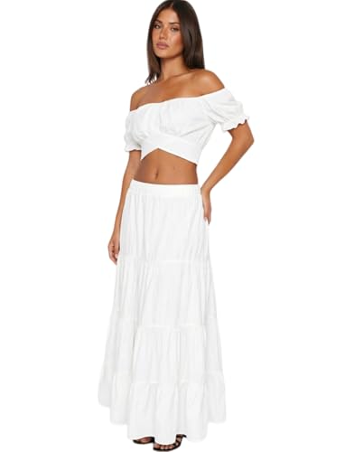 Womens 2 Piece Outfit Boho Summer Vacation Top Maxi Skirt Set - color: White, size: Small