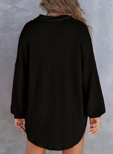 Astylish Women Waffle Knit Tops Henley Shirts - color: Black, size: Medium