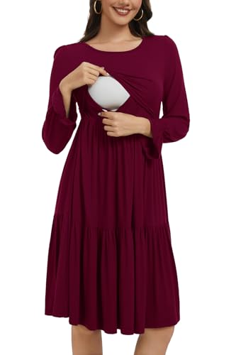 Smallshow Women's Ruffle Maternity Nursing Dress Long Sleeve - color: Maroon, size: Medium