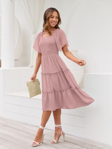 LILLUSORY Women Tiered Flutter Sleeve Square Neck Smocked Midi Dress - color: Pink, size: Medium