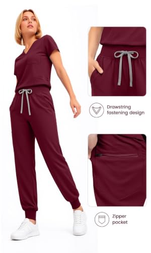 Scrubs for Women Set, V-Neck Top & Jogger Pants - color: Burgundy, size: Medium