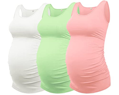AMPOSH Womens Maternity Tank Tops 3 Pack Cotton Sleeveless Ruched Side Pregnancy Postpartum Shirts Soft Stretch Basic Top - color: 31 White/Sage/Pale Pink, size: Large