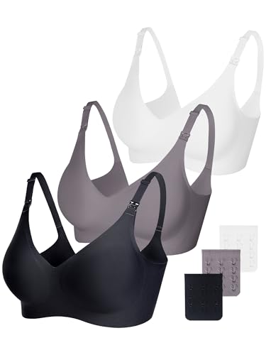 Vinfact Smooth Nursing Bras for Breastfeeding Seamless Maternity Bras for Pregnancy Wireless Bralette with Extra Bra Extender - color: 3pcs(black+grey+white), size: Large
