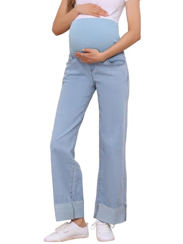 Women Maternity Jeans Straight Leg Cuffed Denim Work Pants - color: Light Blue, size: X-Large