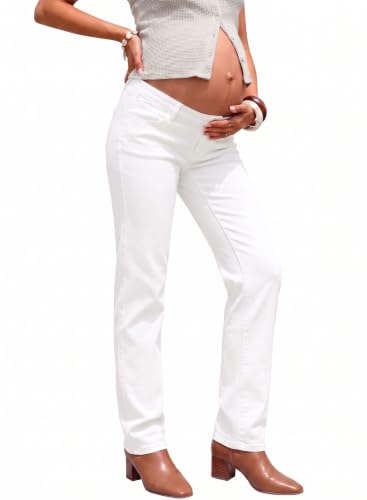 BLENCOT Womens Maternity Jeans Elastic Waist Stretch Pregnancy Denim Pants - color: White, size: Large