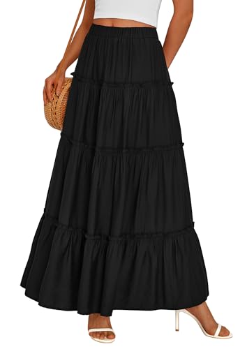 PRETTYGARDEN Women's Boho Tiered Ruffle Flowy Maxi Skirt - color: Black, size: X-Large