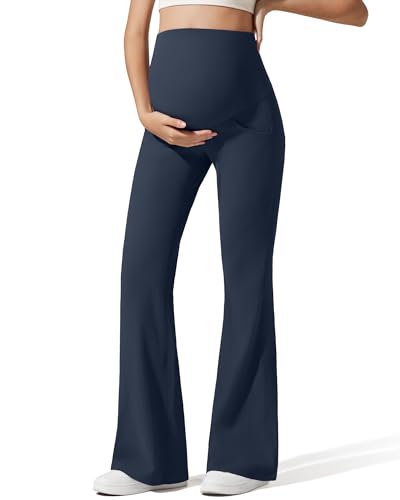 G4Free Ribbed Maternity Pants Yoga Flare Pregnancy Leggings Casual - color: Dark Navy, size: Medium