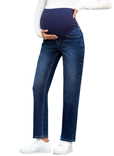 BLENCOT Women's Over Belly Maternity Ankle Jeans Stretchy Denim Pants - color: Deep Blue, size: Small