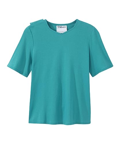 Silverts Women's Adaptive Open Back Top, Long Sleeve Dressing Shirt - color: True Teal, size: Medium