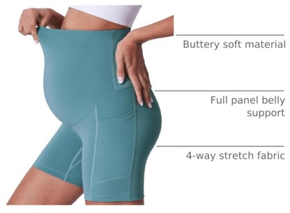 POSHDIVAH 3/4 Pack Maternity Biker Shorts Over The Belly with Pockets 5"/8" - color: Black/Grey/Blue 5", size: Medium