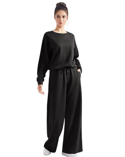 SUUKSESS Women Modal 2 piece outfits Oversized Sweatshirt Wide Leg Pants - color: Black, size: X-Large