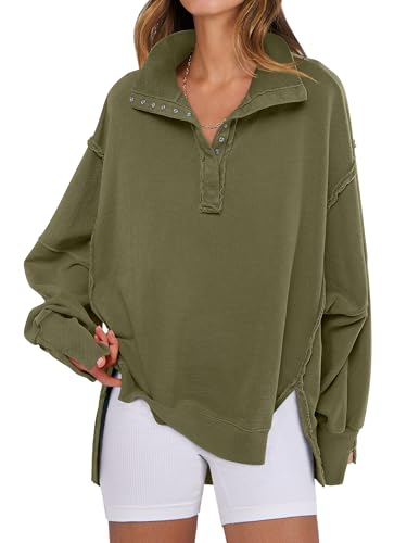 ANRABESS Sweatshirt for Women Oversized Casual Fall Henley Pullover Top - color: Army Green, size: X-Small