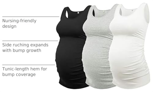 AMPOSH Womens Maternity Tank Tops 3 Pack Cotton Sleeveless Ruched Side Pregnancy Postpartum Shirts Soft Stretch Basic Top - color: 33 Black/Gray/White, size: Medium