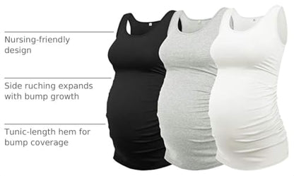 AMPOSH Womens Maternity Tank Tops 3 Pack Cotton Sleeveless Ruched Side Pregnancy Postpartum Shirts Soft Stretch Basic Top - color: 33 Black/Gray/White, size: Medium