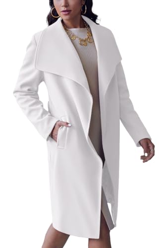 Cicy Bell Women's Pea Trench Coat Lapel Collar Long Jacket Open Front Belted Overcoat with Pockets - color: White, size: Medium