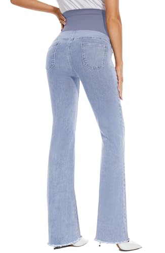 GLAMIX Women's Stretch Maternity Bootcut Jeans with Pockets Over The Belly Bell Bottoms Flare Denim Pants Pregnancy Clothes - color: Light Blue (Frayed Hem), size: X-Large