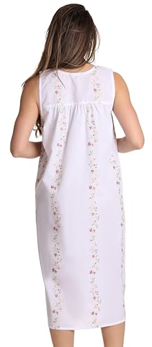 Dreamcrest Women's Sleeveless Nightgown, Floral Embroidered Cotton Blend Waltz Sleep Dress with Button Front - color: White, size: Medium