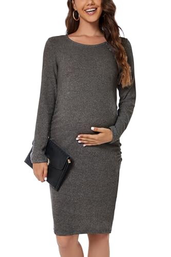 Smallshow Women's Knit Maternity Dress Long Sleeve Pregnancy Clothes - color: Deep Grey, size: Medium