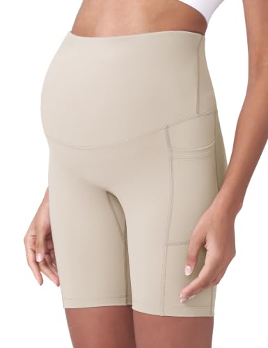 POSHDIVAH Maternity Biker Shorts Over the Belly with Pockets 5"/8" - color: Khaki, size: Medium