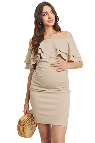 LaClef Women's Off Shoulder Maternity Dress with Double Ruffle - color: Taupe Solid, size: X-Large