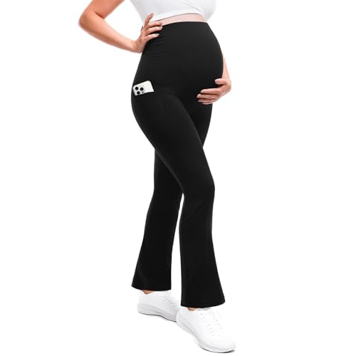 Leafigure Maternity Flare Leggings with Pockets - color: Black, size: Medium
