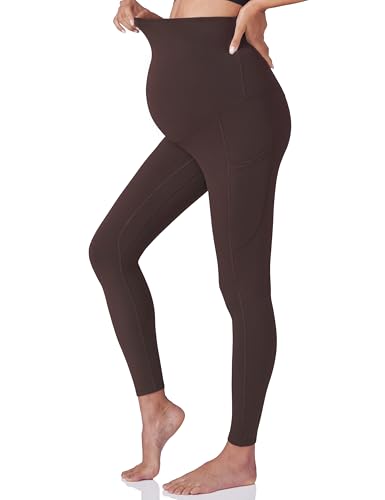 POSHDIVAH Maternity Workout Leggings Pregnancy Yoga Pants Pockets - color: 2pcs Black Dark Brown, size: Medium