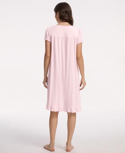 GYS Women's Bamboo Viscose Nightgown Short Sleeve Sleep Shirt - color: Pink, size: Medium