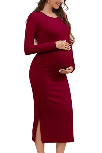 Smallshow Women's Long Sleeve Maternity Sweater Dress - color: Maroon, size: Medium