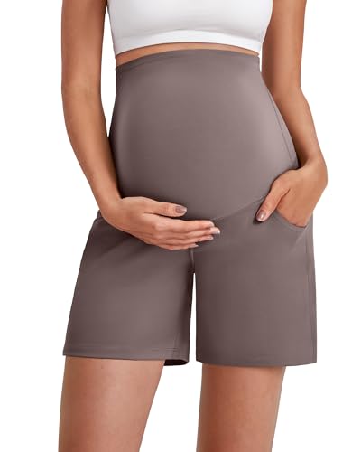 G4Free Maternity Shorts with Pockets Over The Belly Stretchy Pregnancy Yoga Pants Athletic Workout 6'' 10'' - color: Taupe, size: XX-Large