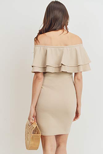 LaClef Women's Off Shoulder Maternity Dress with Double Ruffle - color: Taupe Solid, size: Medium