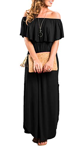 Sarin Mathews Womens Off The Shoulder Ruffle Party Dress Casual Side Split Beach Long Maxi Dresses with Pockets - color: Black, size: Small