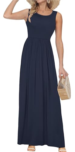 AUSELILY Women's Summer Sleeveless Loose Plain Casual Long Maxi Dresses - color: 01-navy Blue, size: Small