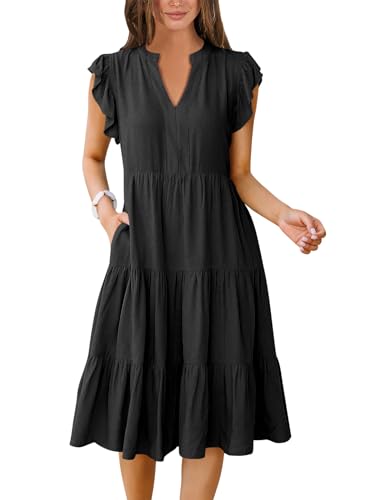 ANRABESS Womens Summer Dress Ruffle Sleeve V Neck Midi Dresses - color: Black, size: X-Large
