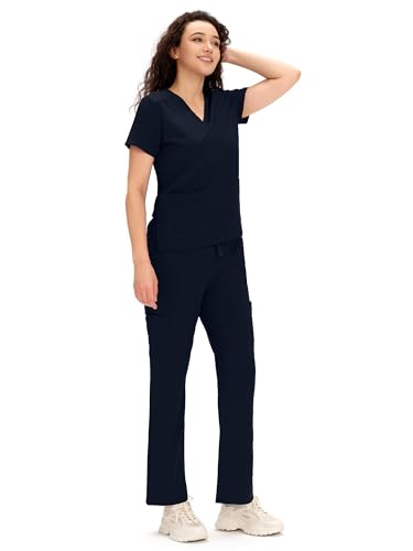 COZYFIT Scrubs for Women - V Neck Top & Cargo Straight Pants 12 Pockets - color: Navy Blue, size: Medium
