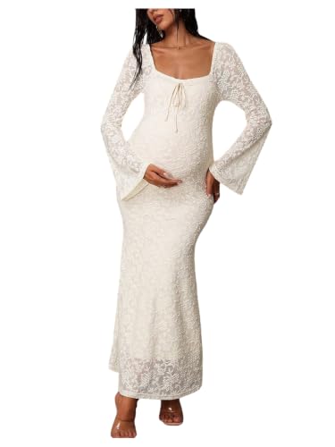 SweatyRocks Women's Maternity Lace Baby Shower Swiss Dots Maxi Dresses - color: Apricot, size: Medium