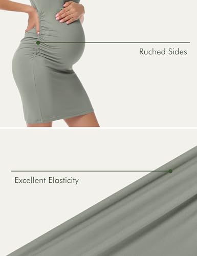 Peauty Side Ruched Maternity Bodycon Dress Short Sleeve Style Baby Shower - color: Green Grey, size: Medium