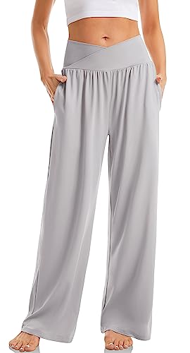 TARSE Womens Wide Leg Casual Loose Pants Yoga Sweatpants - color: Light Gray, size: Medium