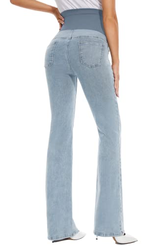 GLAMIX Women's Stretch Maternity Bootcut Jeans with Pockets Over The Belly Bell Bottoms Flare Denim Pants Pregnancy Clothes - color: Light Blue, size: X-Large