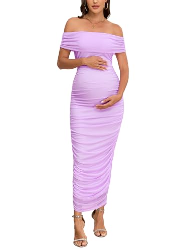 AISWI Maternity Off The Shoulder Maxi Dress Mesh Ruched Bodycon Sleeveless Pregnancy Dresses Baby Shower Photoshoot - color: Light Purple, size: Medium