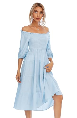 R.Vivimos Women's Cotton Off-Shoulder A-Line Midi Dresses - color: Skyblue, size: Medium