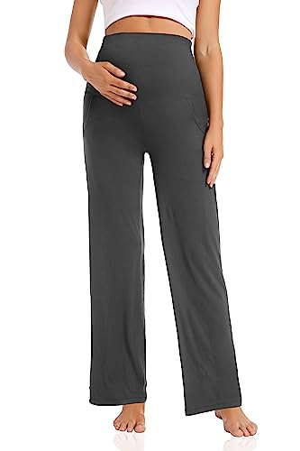Foucome Women's Maternity Pants Wide Leg Pregnancy Work Pants - color: 2 Pack Black+grey, size: Large