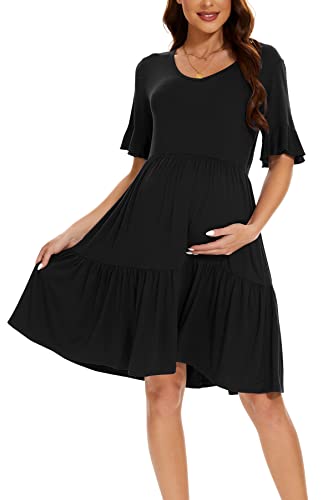 Smallshow Women's Maternity Dress Ruffle Short Sleeve Pregnancy Clothes - color: Black, size: X-Large
